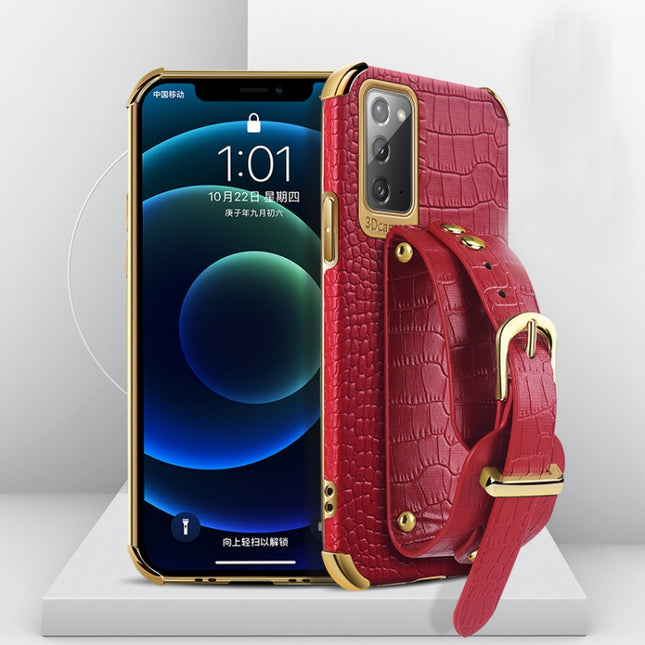 For Samsung Galaxy Note20 Electroplated TPU Crocodile Pattern Leather Case with Wrist Strap(Red)-garmade.com