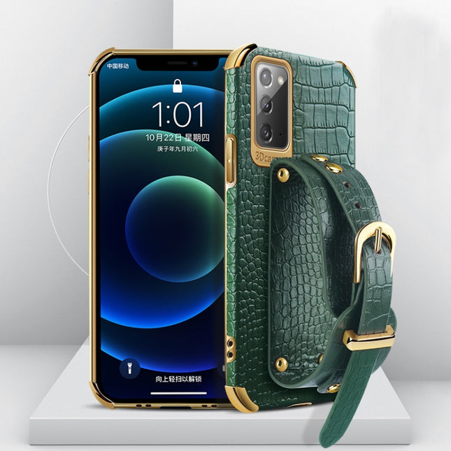 For Samsung Galaxy Note20 Electroplated TPU Crocodile Pattern Leather Case with Wrist Strap(Green)-garmade.com