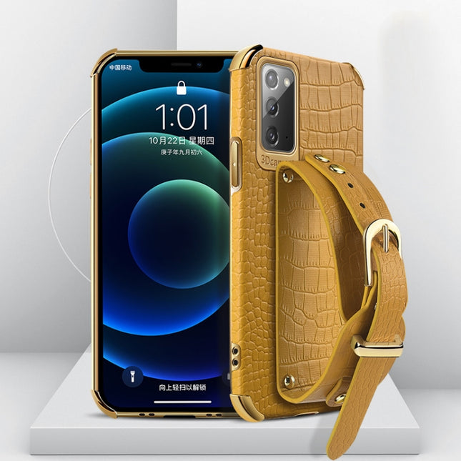 For Samsung Galaxy Note20 Electroplated TPU Crocodile Pattern Leather Case with Wrist Strap(Yellow)-garmade.com