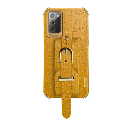 For Samsung Galaxy Note20 Electroplated TPU Crocodile Pattern Leather Case with Wrist Strap(Yellow)-garmade.com