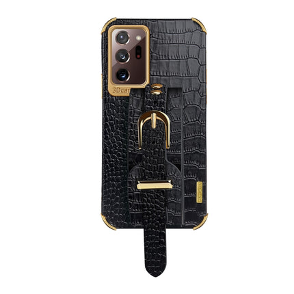 For Samsung Galaxy Note20 Ultra Electroplated TPU Crocodile Pattern Leather Case with Wrist Strap(Black)-garmade.com