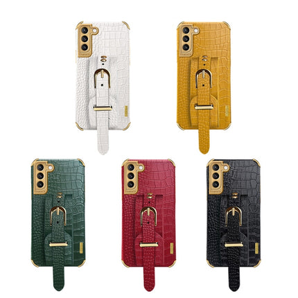 For Samsung Galaxy S21 Electroplated TPU Crocodile Pattern Leather Case with Wrist Strap(White)-garmade.com