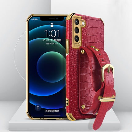For Samsung Galaxy S21 Electroplated TPU Crocodile Pattern Leather Case with Wrist Strap(Red)-garmade.com