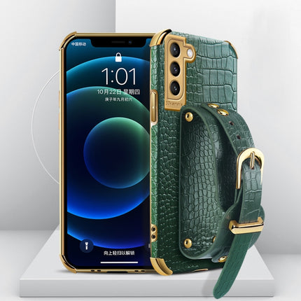 For Samsung Galaxy S21 Electroplated TPU Crocodile Pattern Leather Case with Wrist Strap(Green)-garmade.com