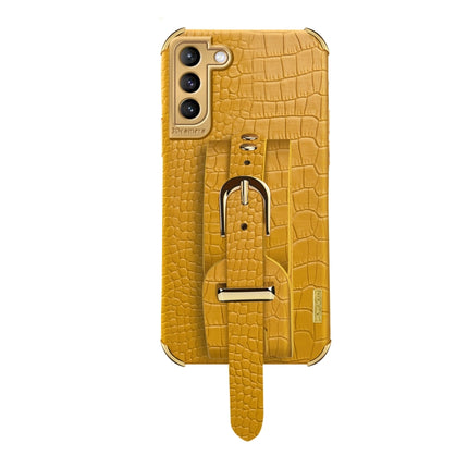 For Samsung Galaxy S21 Electroplated TPU Crocodile Pattern Leather Case with Wrist Strap(Yellow)-garmade.com