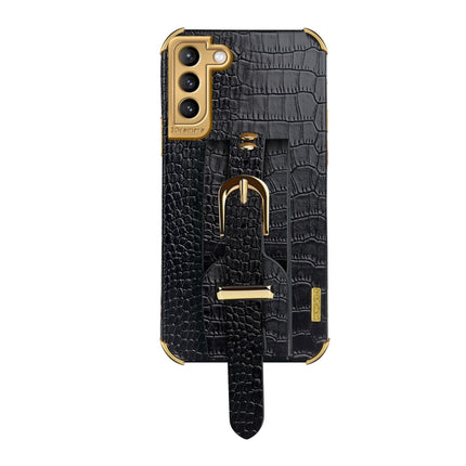 For Samsung Galaxy S21 Plus Electroplated TPU Crocodile Pattern Leather Case with Wrist Strap(Black)-garmade.com