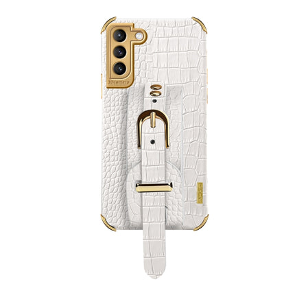 For Samsung Galaxy S21 Plus Electroplated TPU Crocodile Pattern Leather Case with Wrist Strap(White)-garmade.com