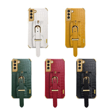 For Samsung Galaxy S21 Plus Electroplated TPU Crocodile Pattern Leather Case with Wrist Strap(White)-garmade.com