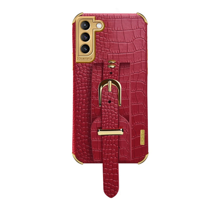 For Samsung Galaxy S21 Plus Electroplated TPU Crocodile Pattern Leather Case with Wrist Strap(Red)-garmade.com