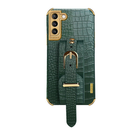 For Samsung Galaxy S21 Plus Electroplated TPU Crocodile Pattern Leather Case with Wrist Strap(Green)-garmade.com