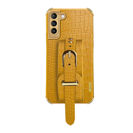 For Samsung Galaxy S21 Plus Electroplated TPU Crocodile Pattern Leather Case with Wrist Strap(Yellow)-garmade.com