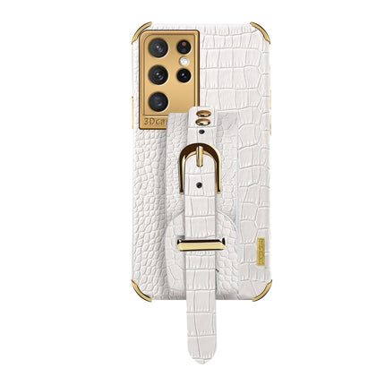 For Samsung Galaxy S21 Ultra Electroplated TPU Crocodile Pattern Leather Case with Wrist Strap(White)-garmade.com