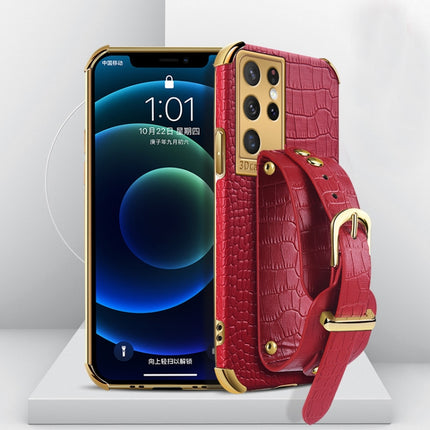 For Samsung Galaxy S21 Ultra Electroplated TPU Crocodile Pattern Leather Case with Wrist Strap(Red)-garmade.com