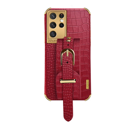 For Samsung Galaxy S21 Ultra Electroplated TPU Crocodile Pattern Leather Case with Wrist Strap(Red)-garmade.com