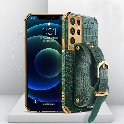 For Samsung Galaxy S21 Ultra Electroplated TPU Crocodile Pattern Leather Case with Wrist Strap(Green)-garmade.com