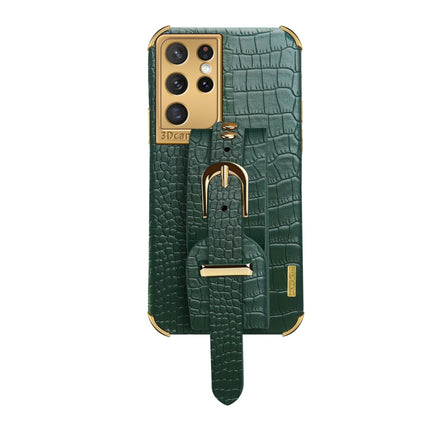 For Samsung Galaxy S21 Ultra Electroplated TPU Crocodile Pattern Leather Case with Wrist Strap(Green)-garmade.com