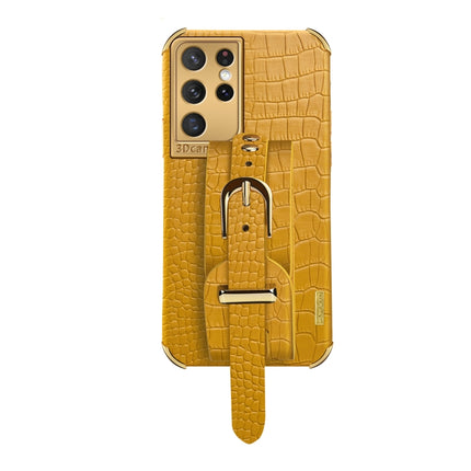 For Samsung Galaxy S21 Ultra Electroplated TPU Crocodile Pattern Leather Case with Wrist Strap(Yellow)-garmade.com