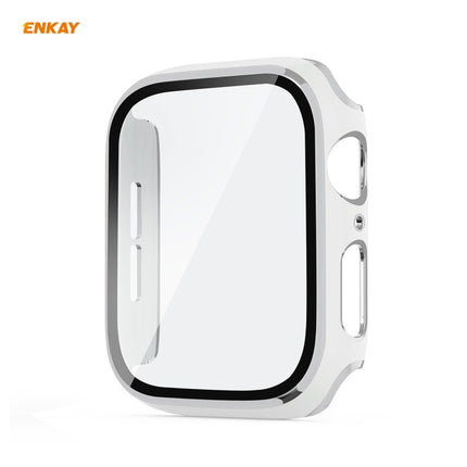 ENKAY Hat-Prince Full Coverage Electroplated PC Case + Tempered Glass Protector for Apple Watch Series 6 / 5 / 4 / SE 44mm(White+Silver)-garmade.com