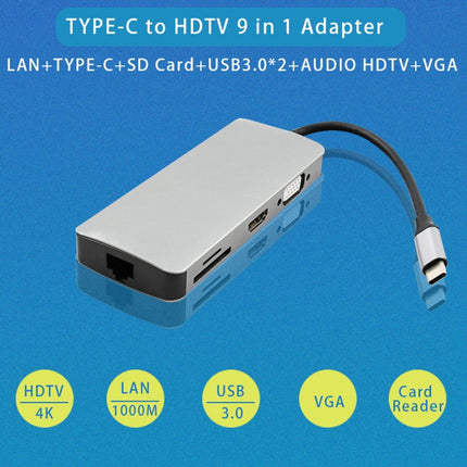 WS-06 9 in 1 Type-C to RJ45 + VGA + PD + HDMI + SD + TF + Audio 3.5mm+ 2 x USB3.0 HUB Adapter-garmade.com
