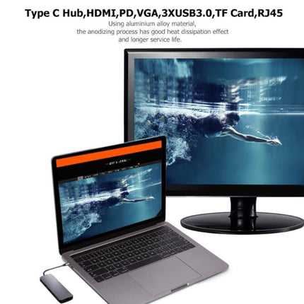 WS-11 8 in 1 Type-C to HDMI + VGA + SD + TF + RJ45 + PD + 2 x USB3.0 HUB Adapter Converter-garmade.com