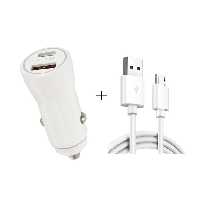 P21 Portable PD 20W + QC3.0 18W Dual Ports Fast Car Charger with USB to Micro USB Cable Kit(White)-garmade.com
