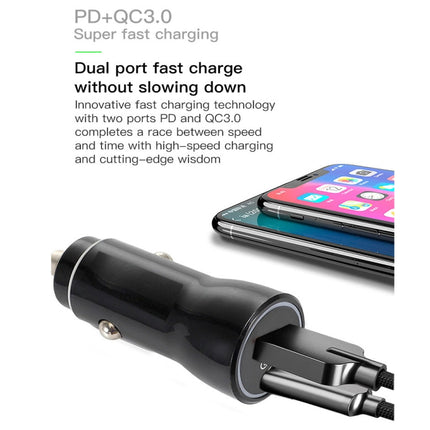 P21 Portable PD 20W + QC3.0 18W Dual Ports Fast Car Charger with USB to Micro USB Cable Kit(Black)-garmade.com