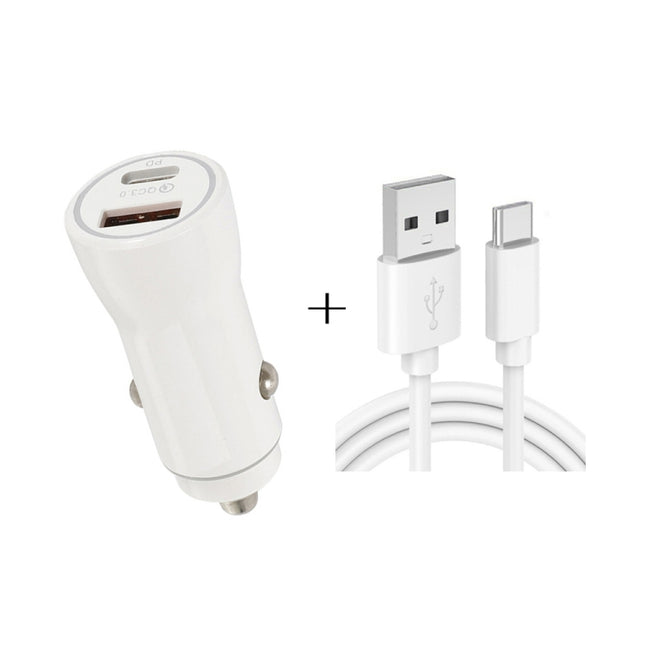 P21 Portable PD 20W + QC3.0 18W Dual Ports Fast Car Charger with USB to Type-C Cable Kit(White)-garmade.com