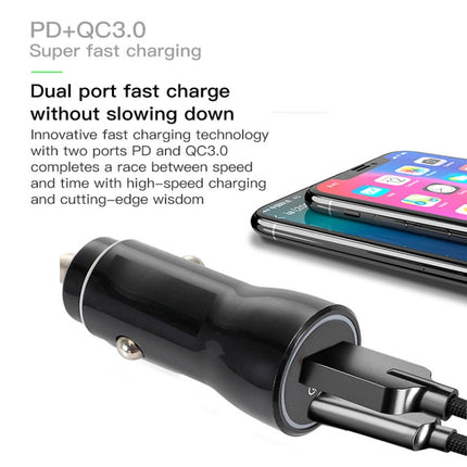 P21 Portable PD 20W + QC3.0 18W Dual Ports Fast Car Charger with USB to Type-C Cable Kit(Black)-garmade.com