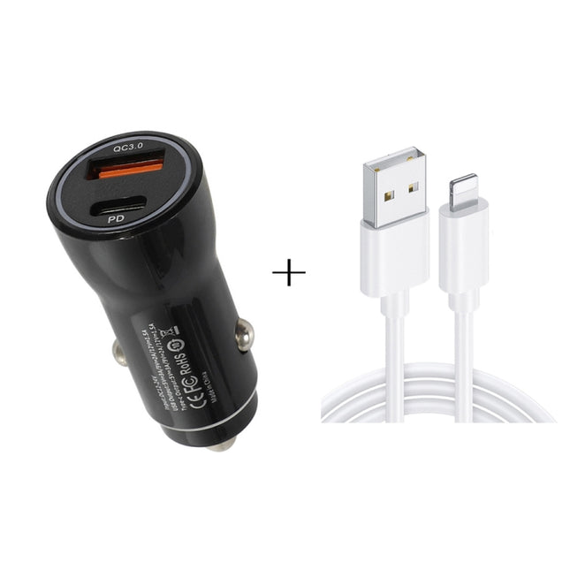 P21 PD 20W USB-C / Type-C + QC3.0 18W USB Fast Car Charger with USB to 8 Pin Data Cable Set(Black)-garmade.com