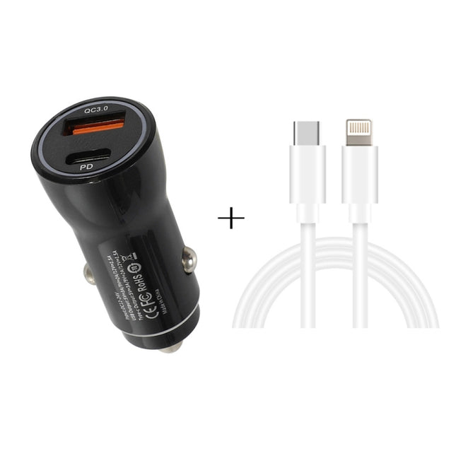 P21 PD 20W USB-C / Type-C + QC3.0 18W USB Fast Car Charger with USB-C / Type-C to 8 Pin Data Cable Set(Black)-garmade.com