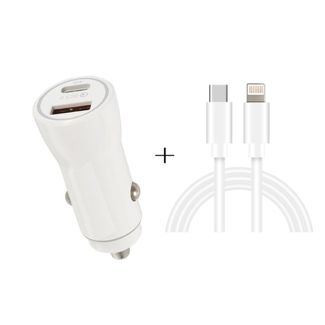 P21 PD 20W USB-C / Type-C + QC3.0 18W USB Fast Car Charger with USB-C / Type-C to 8 Pin Data Cable Set(White)-garmade.com