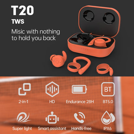 T20 TWS Bluetooth Hooks Wireless Sports Headphones with Charging Box IPX6 Waterproof Noise-cancelling Earphones(Gray)-garmade.com