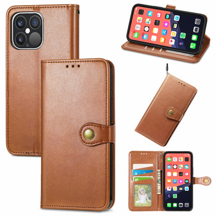 For iPhone 13 Pro Max Solid Color Leather Buckle Phone Case with Lanyard & Photo Frame & Card Slot & Wallet & Stand Function(Brown)-garmade.com