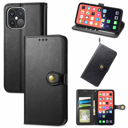 For iPhone 13 Pro Solid Color Leather Buckle Phone Case with Lanyard & Photo Frame & Card Slot & Wallet & Stand Function(Black)-garmade.com