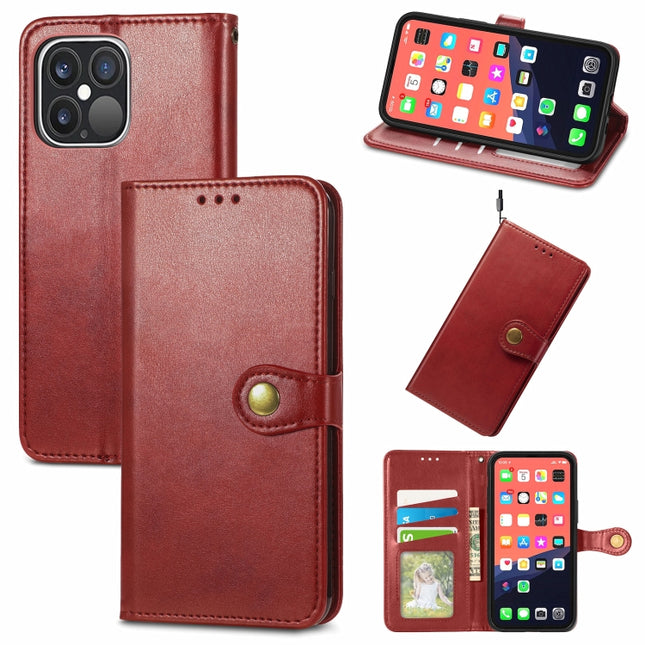 For iPhone 13 Pro Solid Color Leather Buckle Phone Case with Lanyard & Photo Frame & Card Slot & Wallet & Stand Function(Red)-garmade.com
