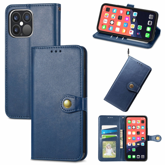 For iPhone 13 Pro Solid Color Leather Buckle Phone Case with Lanyard & Photo Frame & Card Slot & Wallet & Stand Function(Blue)-garmade.com