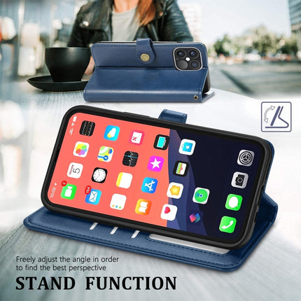 For iPhone 13 Pro Solid Color Leather Buckle Phone Case with Lanyard & Photo Frame & Card Slot & Wallet & Stand Function(Blue)-garmade.com
