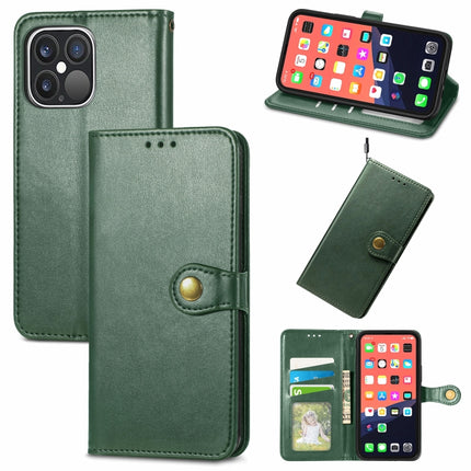 For iPhone 13 Pro Solid Color Leather Buckle Phone Case with Lanyard & Photo Frame & Card Slot & Wallet & Stand Function(Green)-garmade.com