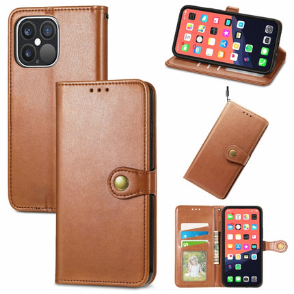 For iPhone 13 Pro Solid Color Leather Buckle Phone Case with Lanyard & Photo Frame & Card Slot & Wallet & Stand Function(Brown)-garmade.com