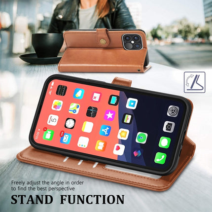 For iPhone 13 Pro Solid Color Leather Buckle Phone Case with Lanyard & Photo Frame & Card Slot & Wallet & Stand Function(Brown)-garmade.com