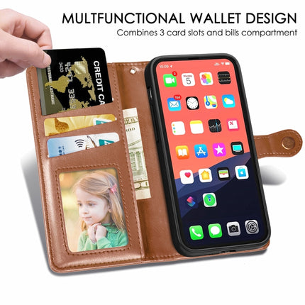 For iPhone 13 Pro Solid Color Leather Buckle Phone Case with Lanyard & Photo Frame & Card Slot & Wallet & Stand Function(Brown)-garmade.com