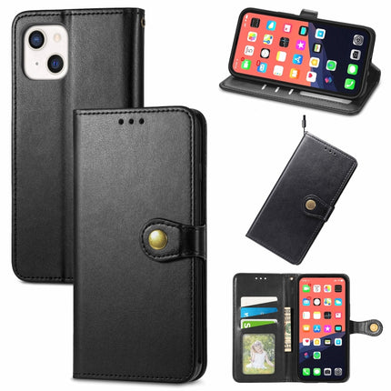 For iPhone 13 Solid Color Leather Buckle Phone Case with Lanyard & Photo Frame & Card Slot & Wallet & Stand Function(Black)-garmade.com