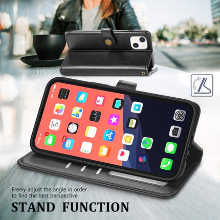 For iPhone 13 Solid Color Leather Buckle Phone Case with Lanyard & Photo Frame & Card Slot & Wallet & Stand Function(Black)-garmade.com