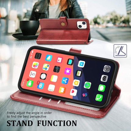For iPhone 13 Solid Color Leather Buckle Phone Case with Lanyard & Photo Frame & Card Slot & Wallet & Stand Function(Red)-garmade.com