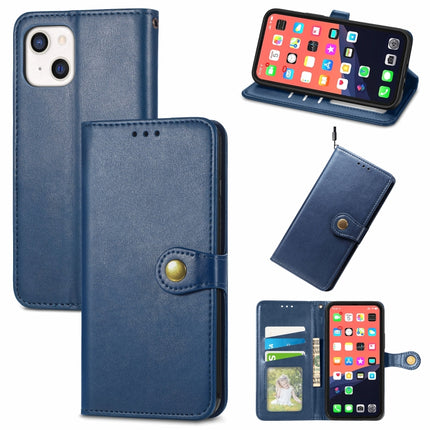 For iPhone 13 Solid Color Leather Buckle Phone Case with Lanyard & Photo Frame & Card Slot & Wallet & Stand Function(Blue)-garmade.com