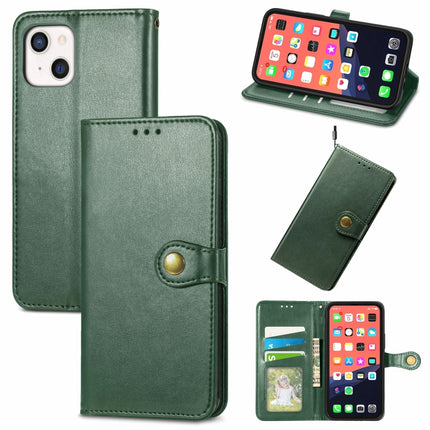 For iPhone 13 Solid Color Leather Buckle Phone Case with Lanyard & Photo Frame & Card Slot & Wallet & Stand Function(Green)-garmade.com