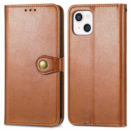 For iPhone 13 Solid Color Leather Buckle Phone Case with Lanyard & Photo Frame & Card Slot & Wallet & Stand Function(Brown)-garmade.com