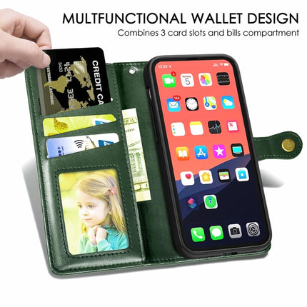 For iPhone 13 mini Solid Color Leather Buckle Phone Case with Lanyard & Photo Frame & Card Slot & Wallet & Stand Function(Green)-garmade.com