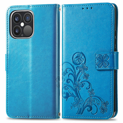 For iPhone 13 Pro Max Four-leaf Clover Clasp Embossed Buckle Mobile Phone Protection Leather Case with Lanyard & Card Slot & Wallet & Bracket Function(Blue)-garmade.com