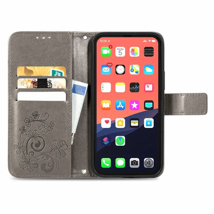 For iPhone 13 Pro Max Four-leaf Clover Clasp Embossed Buckle Mobile Phone Protection Leather Case with Lanyard & Card Slot & Wallet & Bracket Function(Grey)-garmade.com